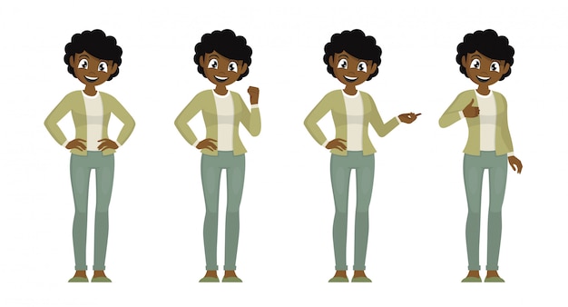 Vetor poses de personagem de desenho animado, conjunto de mulheres africanas em pano casual com expressão diferente.