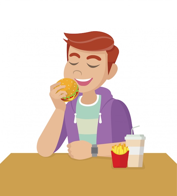 Vetor poses de personagem de desenho animado, o conceito de dieta saudável e estilo de vida errado. homem está comendo fast-food.