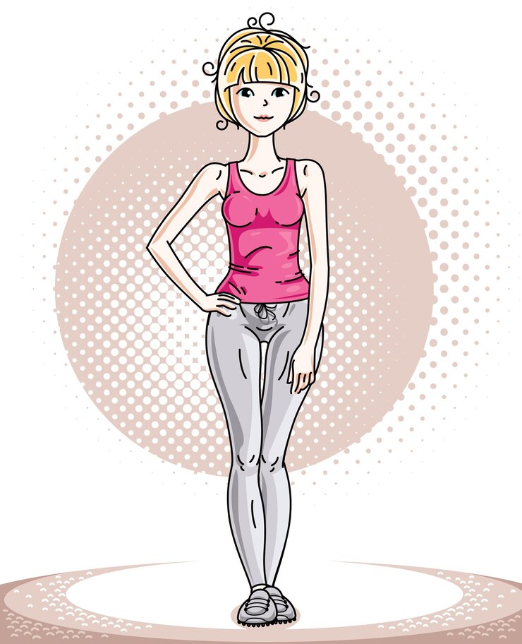 Vetor posição adulta magro loura bonita nova da mulher. ilustração vetorial de uma senhora simpática vestindo camiseta rosa e leggings. tema de treino e treino.