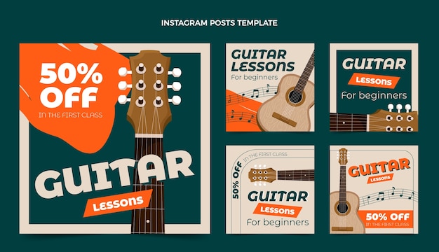 Vetor post de instagram de aulas de guitarra de design plano desenhado à mão