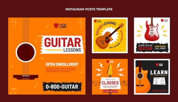 Vetor post de instagram de aulas de guitarra desenhadas à mão