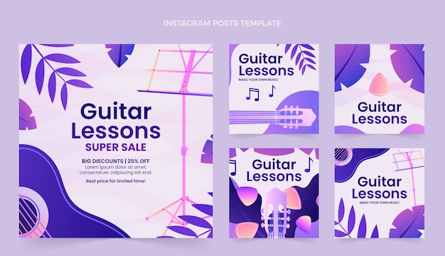 Vetor post de instagram de aulas de guitarra gradiente