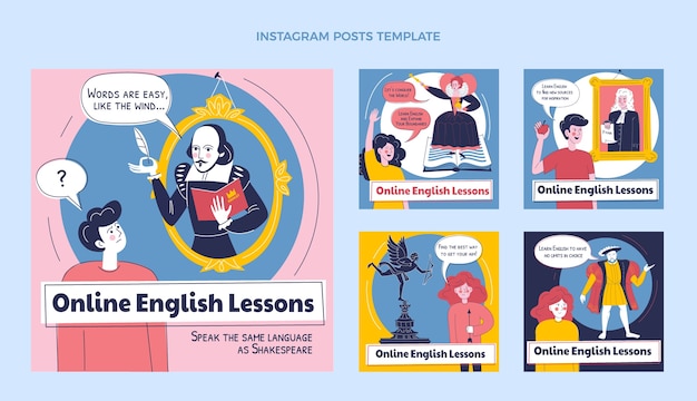 Vetor post de instagram de aulas de inglês desenhadas à mão