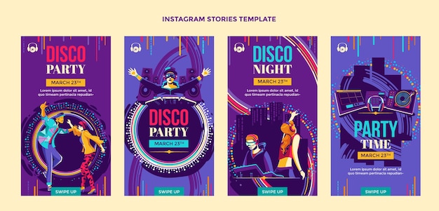 Vetor post de instagram de festa de discoteca de design plano desenhado à mão