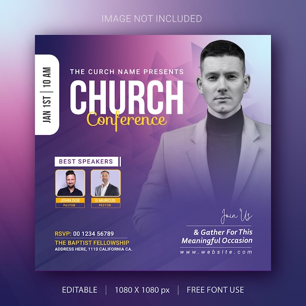 Post de mídia social da conferência da igreja e banner da web