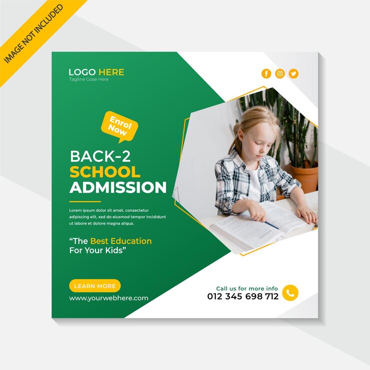 Post de mídia social de admissão escolar e modelo de banner da web