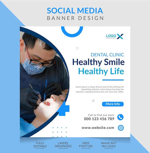 Vetor post de mídia social de clínica odontológica e modelo de design de banner da web