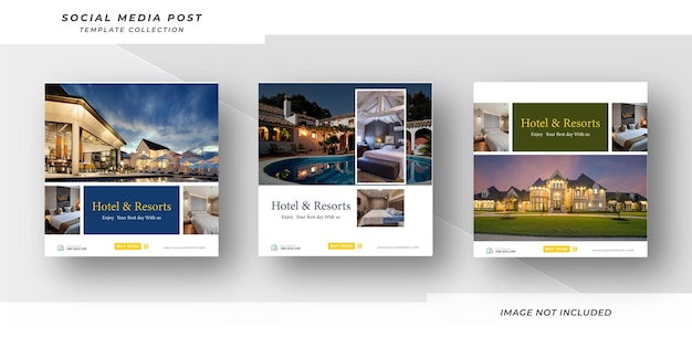 Vetor post de mídia social de hotel e resort post de instagram de propriedade ou modelo de banner quadrado da web