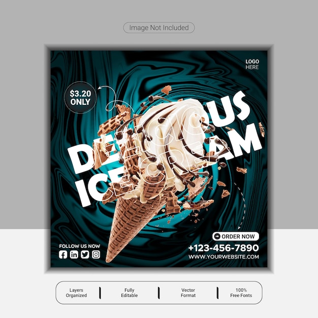 Post de mídia social de sorvete delicioso especial e modelo de design de banner da web