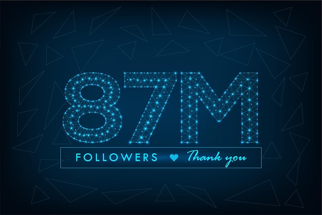 Post de mídia social de wireframe poligonal de 87 milhões de seguidores com fundo azul baixo poli abstrato