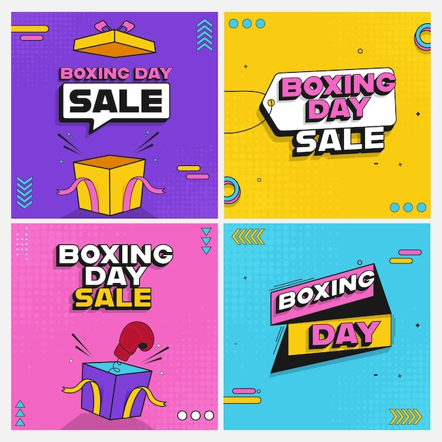 Post de venda boxing day ou design de modelo com caixa de presente aberta luva de primavera contra fundo de meio-tom em quatro opções de cores