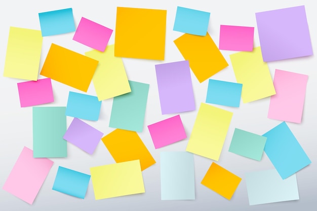 Post-it design vetorial multicolorido em fundo branco Adesivos de papel em branco realistas de diferentes tamanhos e formas Você pode ser usado para layout de apresentações, anotando mensagens ou autores declarando