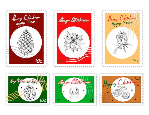 Post stamps conjunto de itens de feliz natal