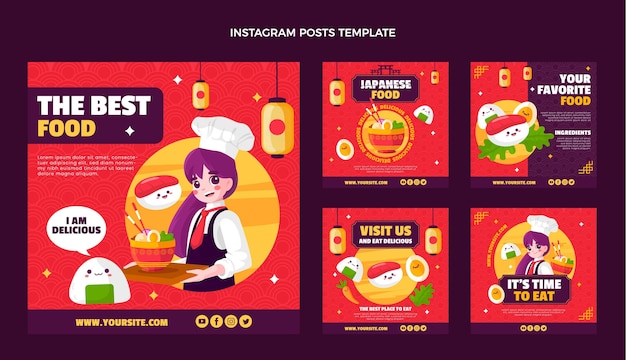 Vetor postagem de instagram de comida japonesa de design plano