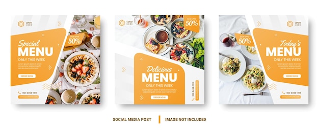 Postagem de mídia social de banner de menu de comida. modelos de mídia social editáveis para promoções no menu comida. conjunto de quadros de história e postagem de mídia social. projeto de layout para marketing em mídias sociais.