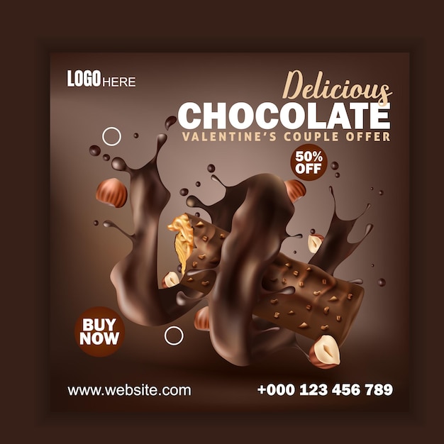 Vetor postagem de mídia social de chocolate banner de promoção de pacote de chocolate ao leite com avelãs isolado em