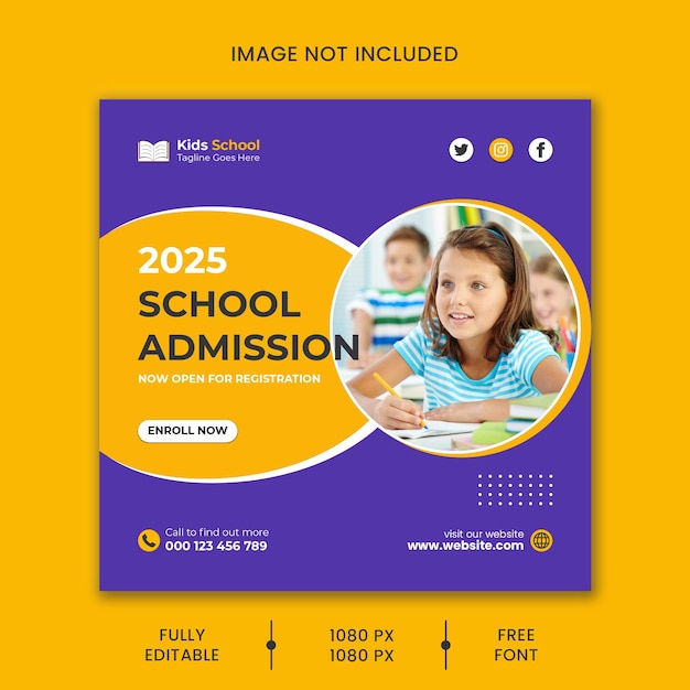 Postagem de mídia social de educação de admissão escolar vetorial e modelo de banner da web