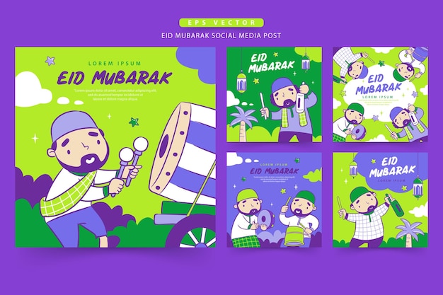 Vetor postagem de mídia social de eid mubarak com ilustração de desenho animado da celebração de viagem takbir