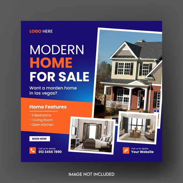 Postagem de mídia social de propriedade de casa imobiliária e modelo de banner quadrado