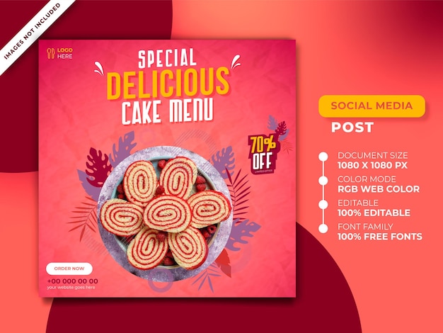 Vetor postagem de mídia social do menu de bolo delicioso especial