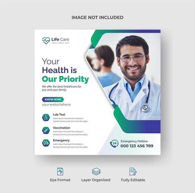 Postagem de mídia social médica ou de saúde e design de banner da web ou flyer quadrado Premium Vector