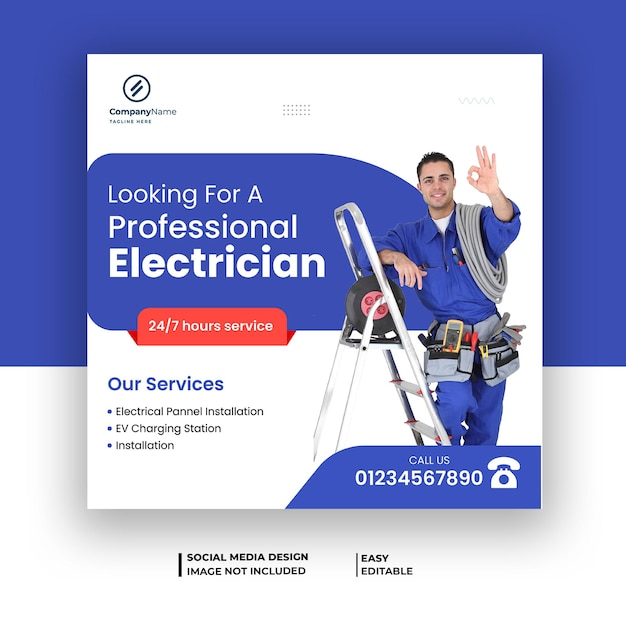 Postagem de serviços de eletricista em mídia social ou modelo de banner quadrado