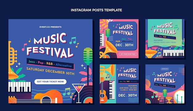 Postagem do instagram do festival de música colorida gradiente