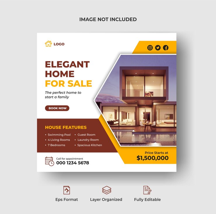 Postagem do instagram imobiliário e banner de mídia social ou modelo de flyer quadrado Premium Vector