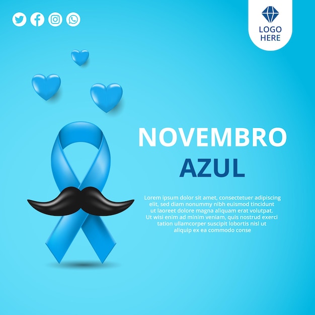Vetor postagem nas redes sociais do dia da conscientização do câncer de próstata com fita azul realista para novembro no brasil.