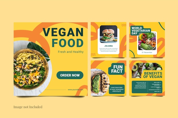Postagem no Instagram de promoção de comida vegana fofa amarela