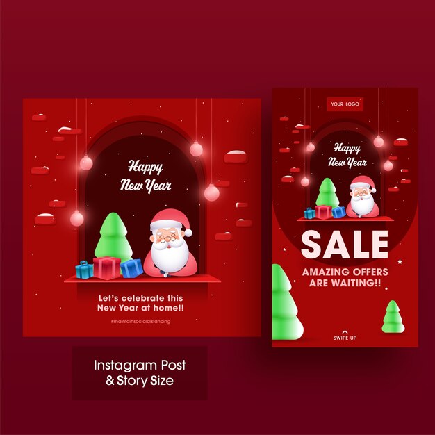 Postagem no Instagram e layout de modelo de história para venda de feliz ano novo com determinada mensagem Comemore este ano novo em casa. Evite o Coronavírus.