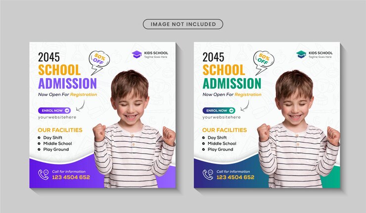 Postagem promocional no instagram para admissão na escola ou design de modelo de banner para mídia social de volta às aulas