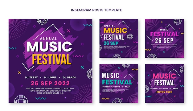 Vetor postagens coloridas do instagram de festivais de música desenhadas à mão