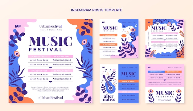 Postagens coloridas do Instagram de festivais de música desenhadas à mão