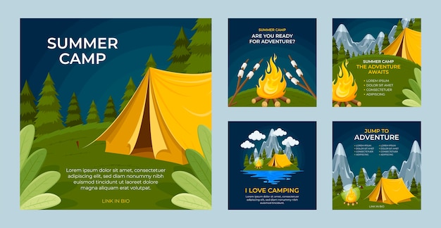 Postagens de instagram de acampamento de verão de design plano