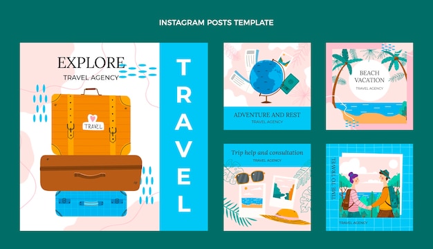 Postagens de instagram de agência de viagens desenhadas à mão