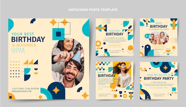 Vetor postagens de instagram de aniversário em mosaico plano