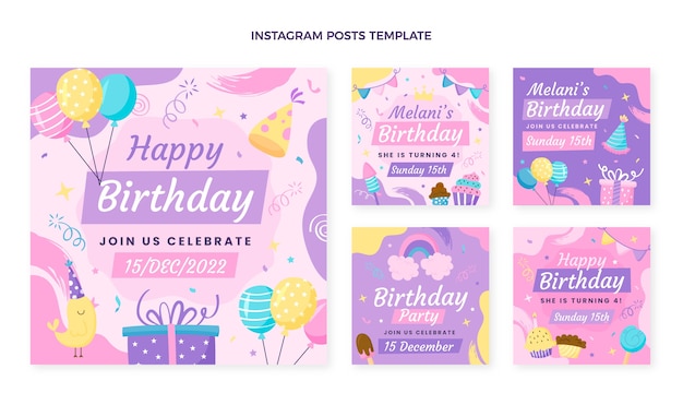 Postagens de instagram de aniversário infantil desenhadas à mão