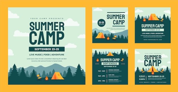 Vetor postagens de instagram de aventura de acampamento de design plano