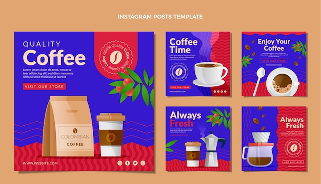 Vetor postagens de instagram de cafeteria com design plano mínimo