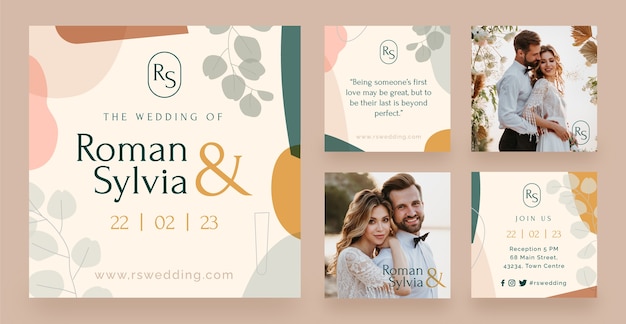 Postagens de instagram de casamento floral desenhadas à mão