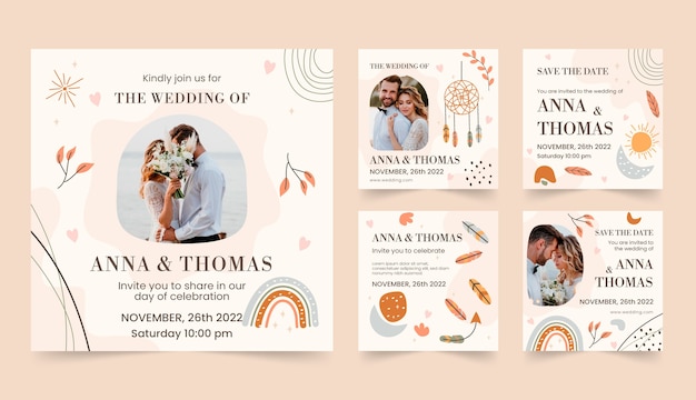 Postagens de instagram de celebração de casamento desenhadas à mão