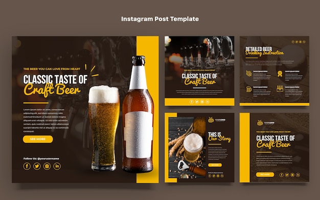 Vetor postagens de instagram de cerveja artesanal de design plano