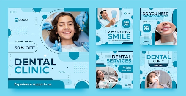 Vetor postagens de instagram de clínica odontológica de design plano