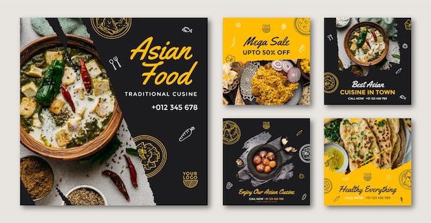 Postagens de instagram de comida asiática desenhadas à mão