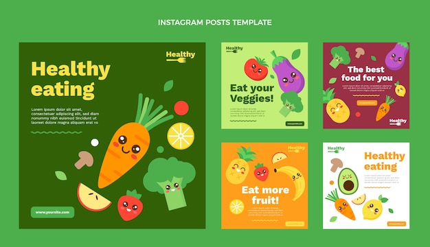 Postagens de instagram de comida saudável de design plano