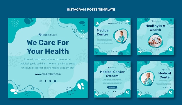 Vetor postagens de instagram de cuidados médicos de design plano