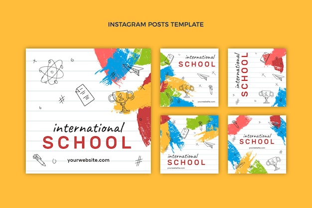 Postagens de instagram de escola internacional de textura desenhada à mão