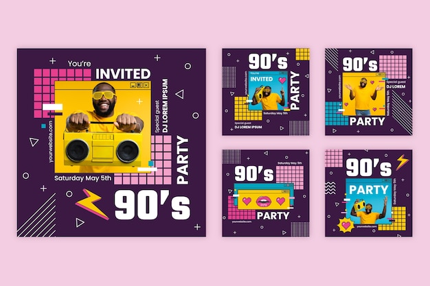 Postagens de instagram de festa colorida de design plano dos anos 90