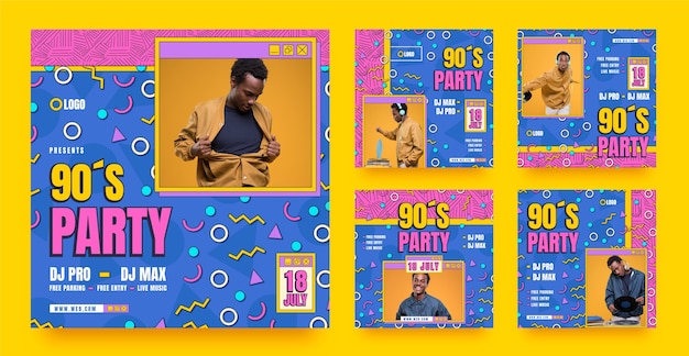 Postagens de instagram de festa colorida de design plano dos anos 90
